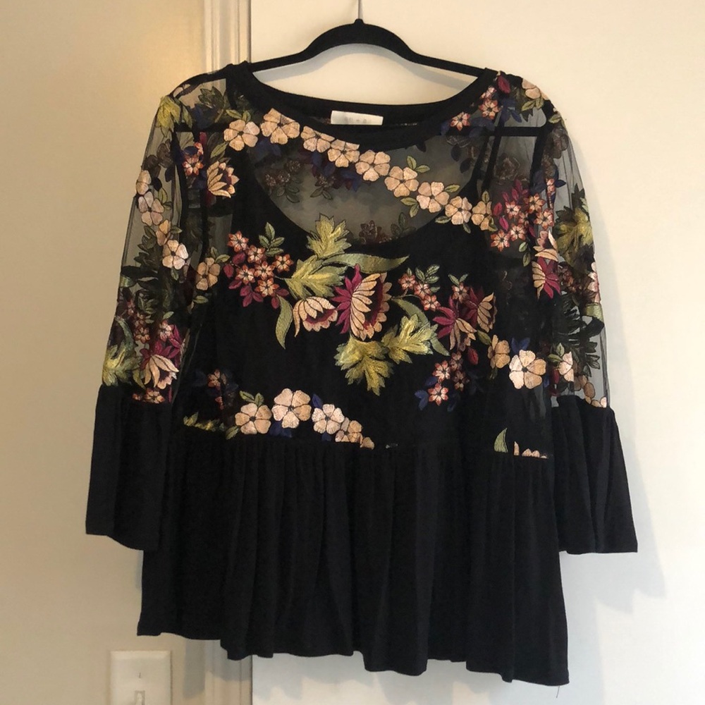 Anthropologie Eri & Ali Embroidered Mesh Top